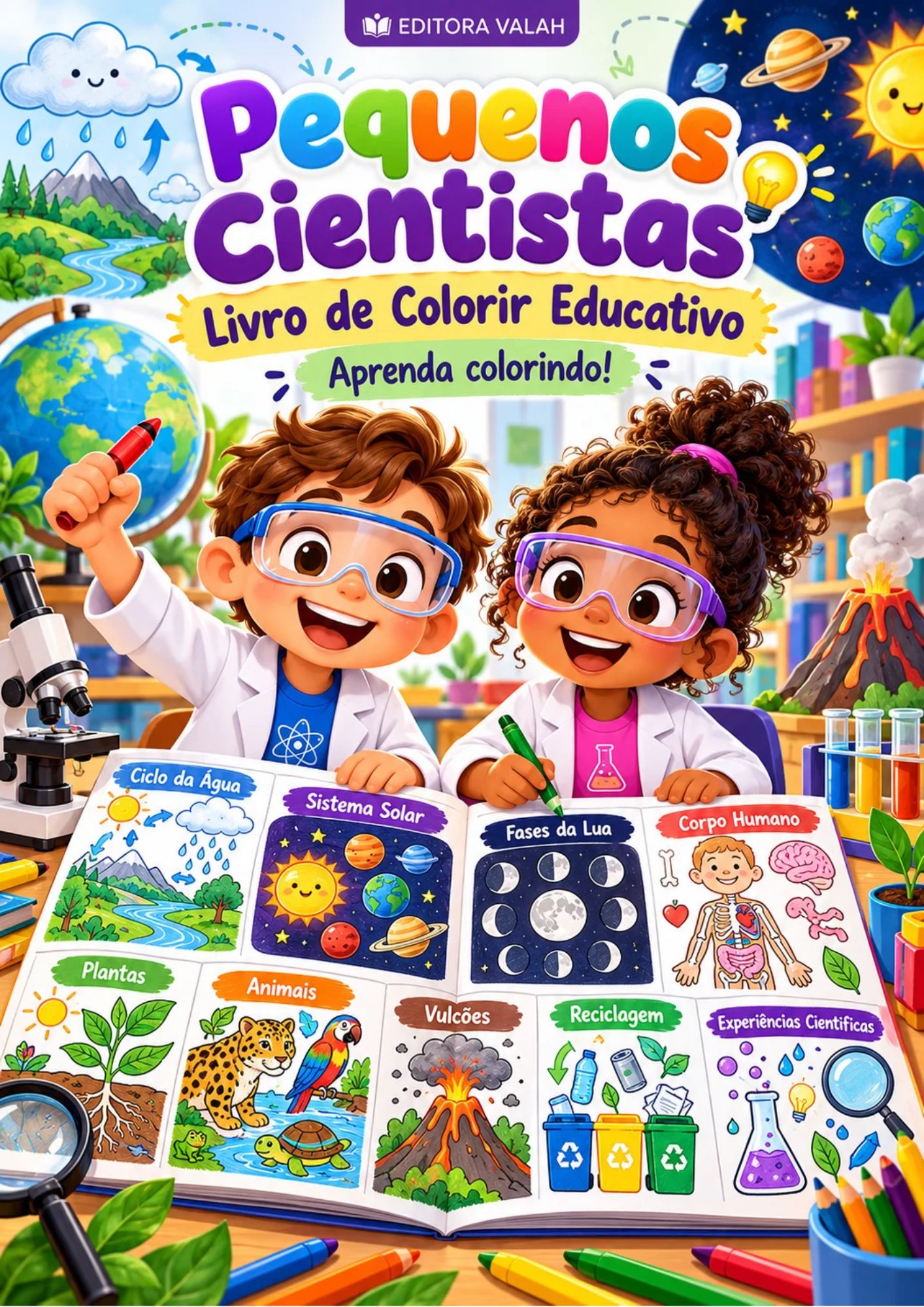 Capa do livro Pequenos Cientistas — Livro de Colorir Educativo