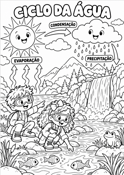 Página para colorir sobre o Ciclo da Água