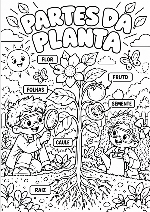 Página para colorir sobre as Partes da Planta