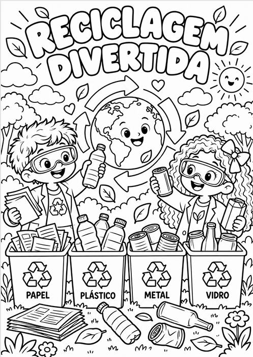 Página para colorir sobre Reciclagem Divertida